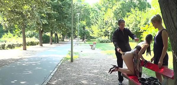  Bare ass babe caned in public bench
